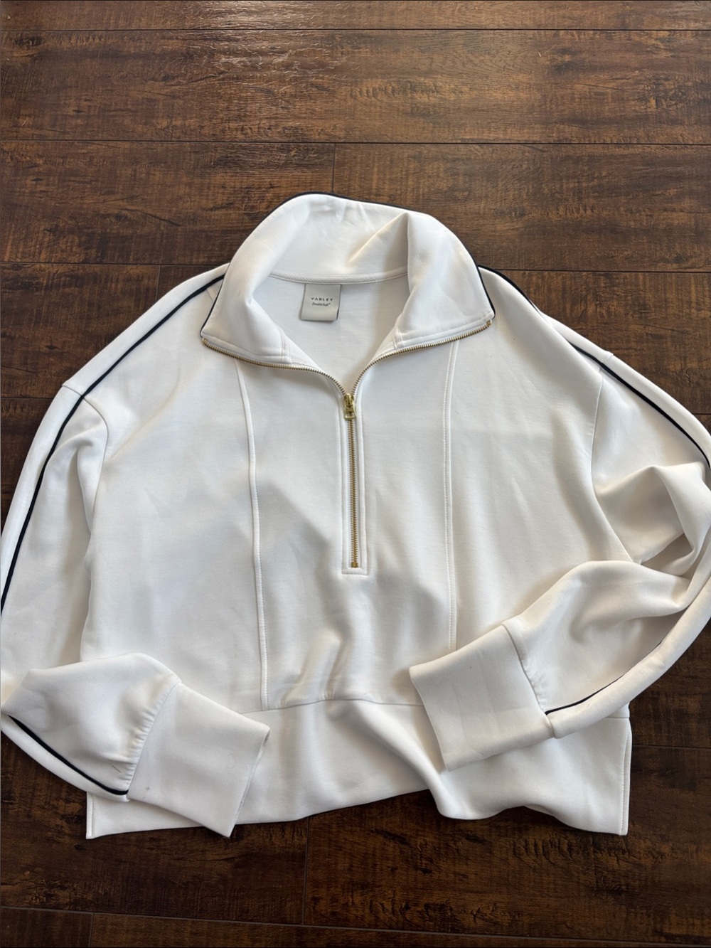 Varley White Zip-Up Pullover with Black Stripe